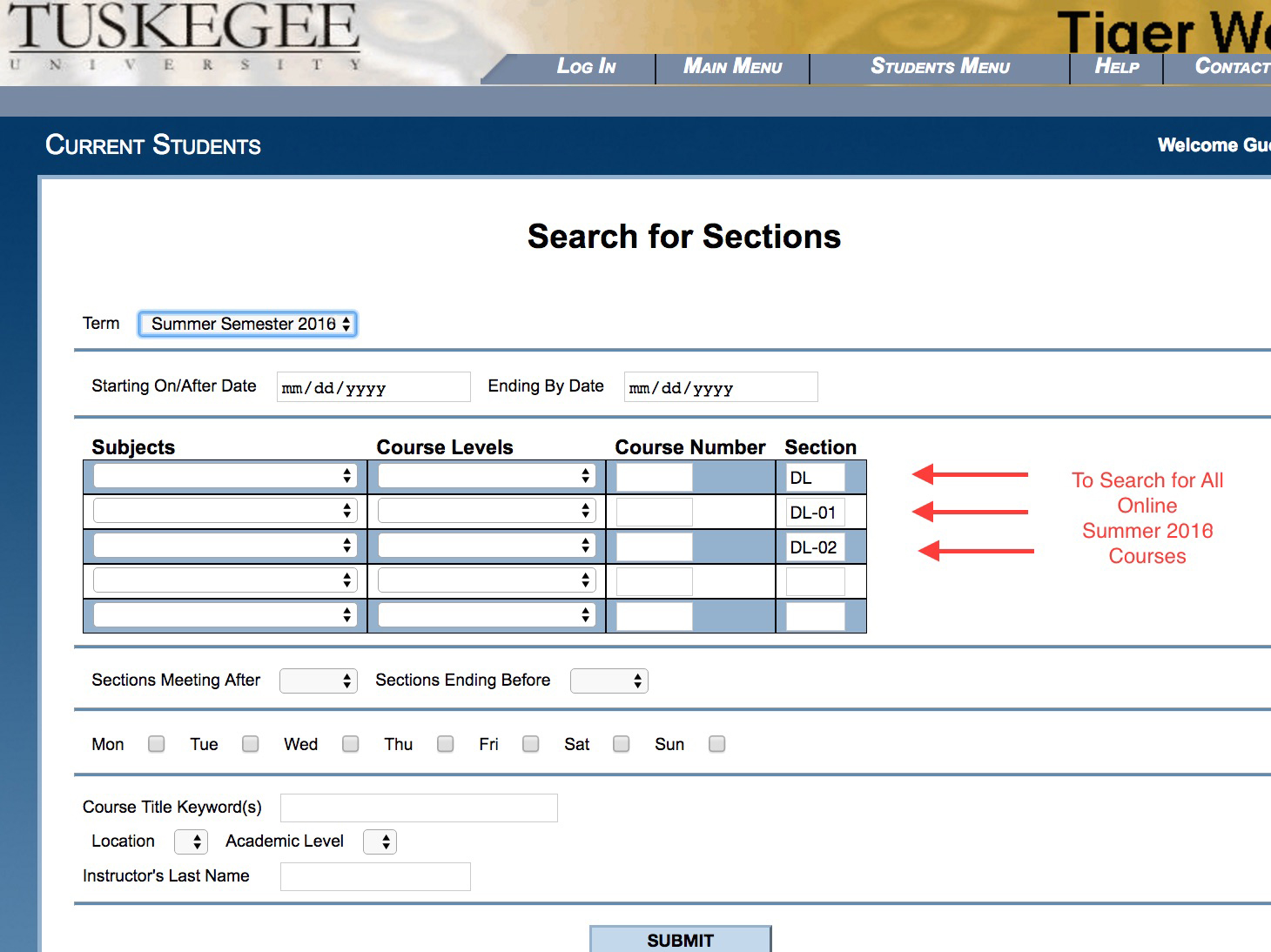 screenshot of search for classes module